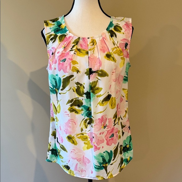 Merona blouse, floral pleated sleeveless - Pink, Green, Yellow, Women's Size M - Picture 1 of 10